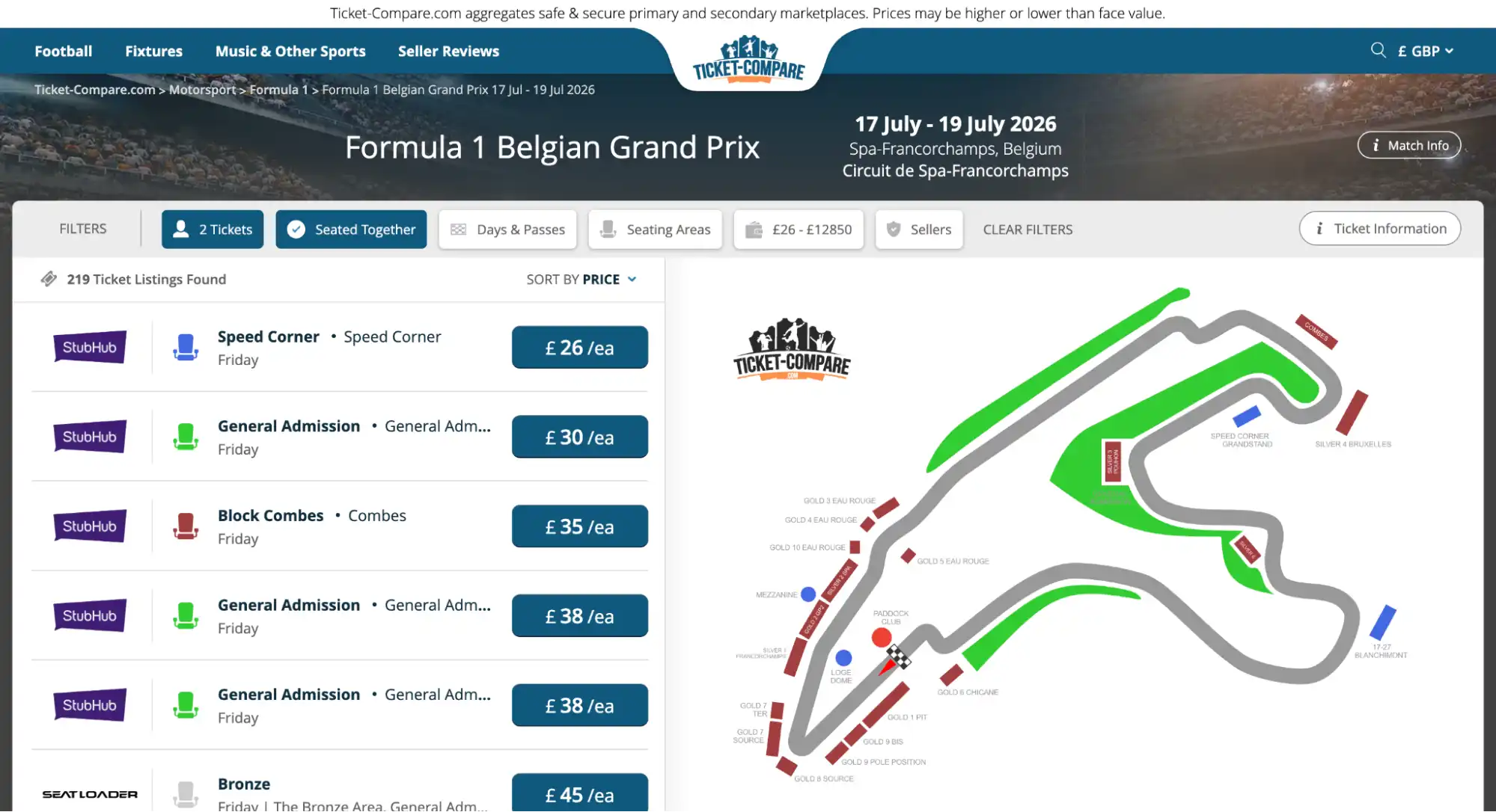 screenshot of Formula 1 Belgian Grand Prix tickets page on ticket-compare.com