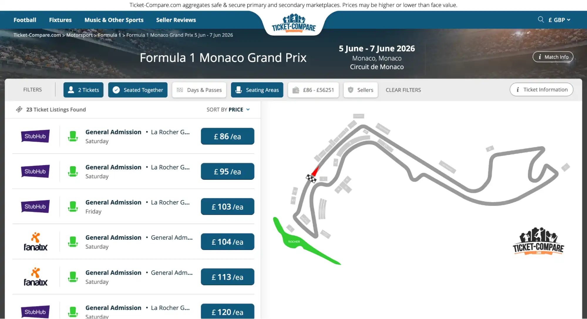 screenshot of Formula 1 Monaco Grand Prix tickets page on ticket-compare.com