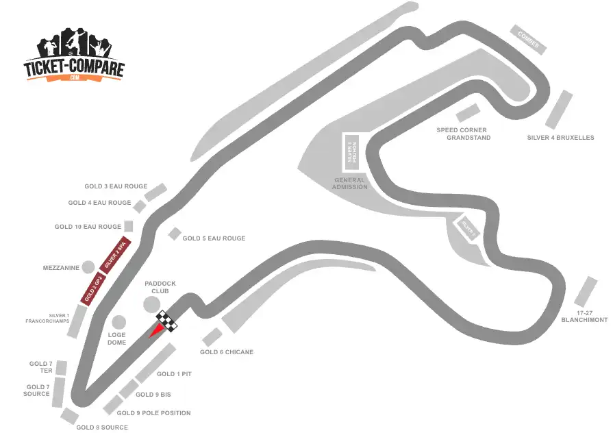 screenshot of Spa-Francorchamps Ciruit seating plan with the Gold 2 and Silver 2 Stands highlighted