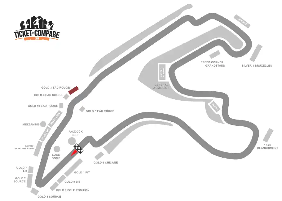screenshot of Spa-Francorchamps Ciruit seating plan with the Gold 3 Eau Rouge Stand highlighted