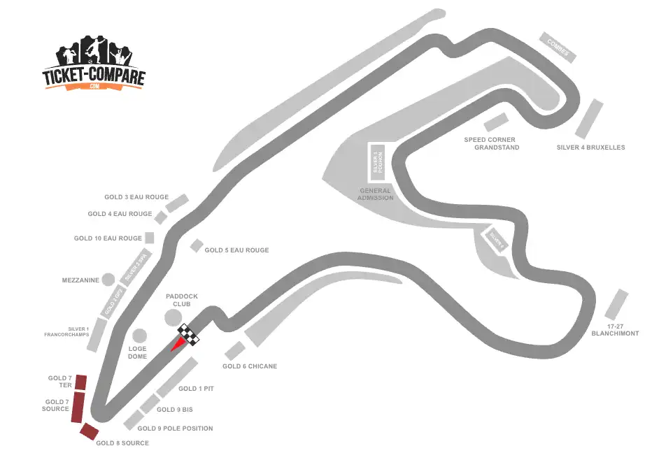 screenshot of Spa-Francorchamps Ciruit seating plan with the Gold 7 and Gold 8 Stands highlighted
