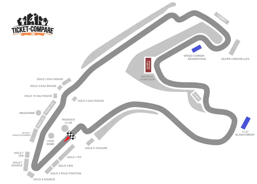 screenshot of Spa-Francorchamps Ciruit seating plan with the Silver 2, 17-27 Blanchmont and Speed Corner Grandstands highlighted