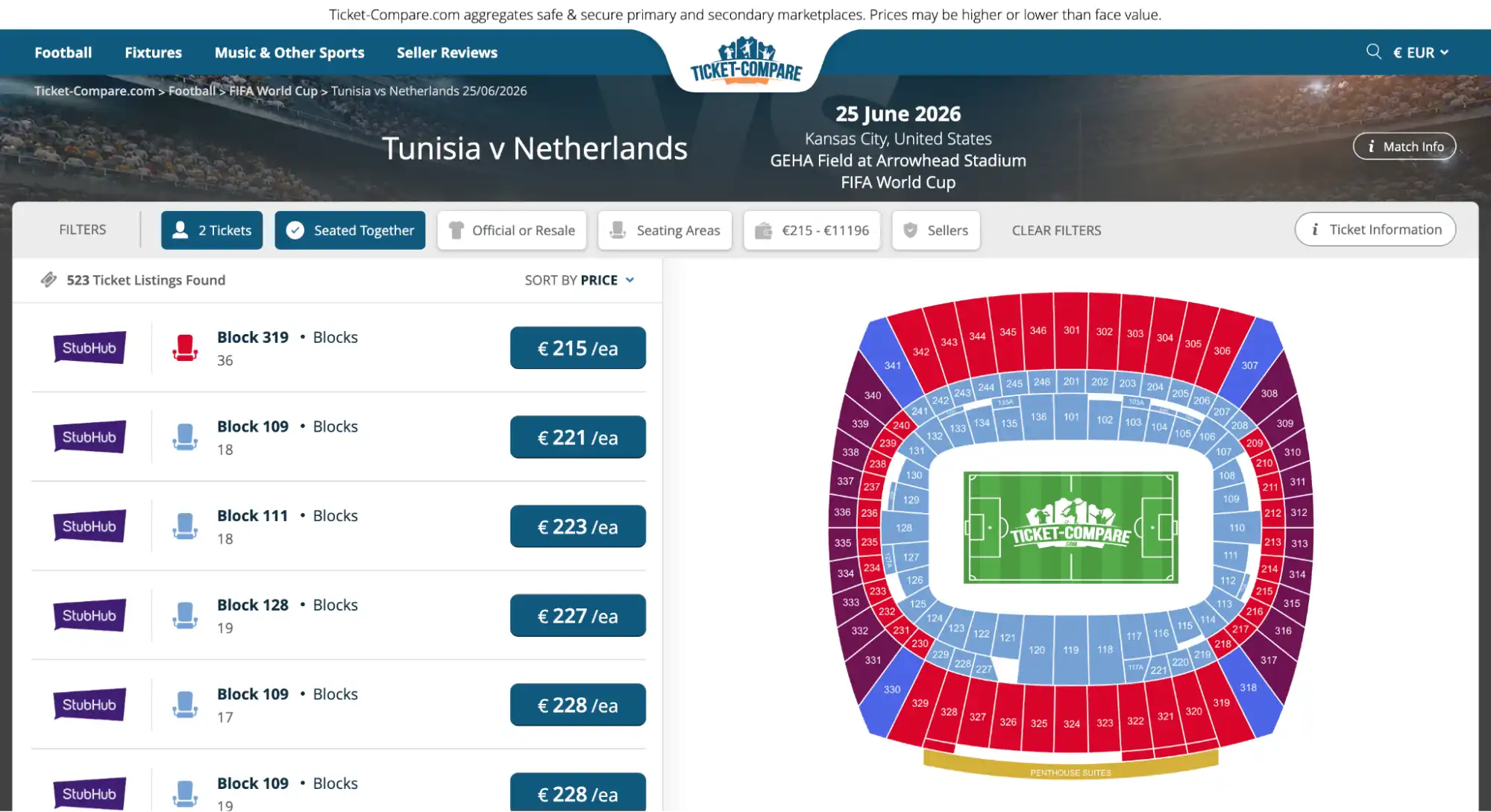 screenshot of Tunisia vs Netherlands match tickets page on ticket-compare.com