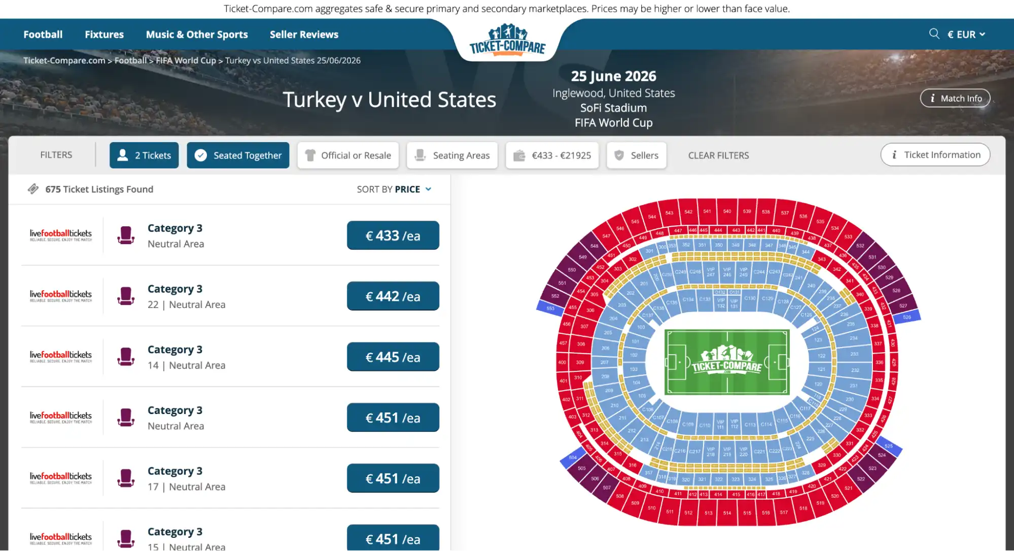 screenshot of Turkey vs United States match tickets page on ticket-compare.com