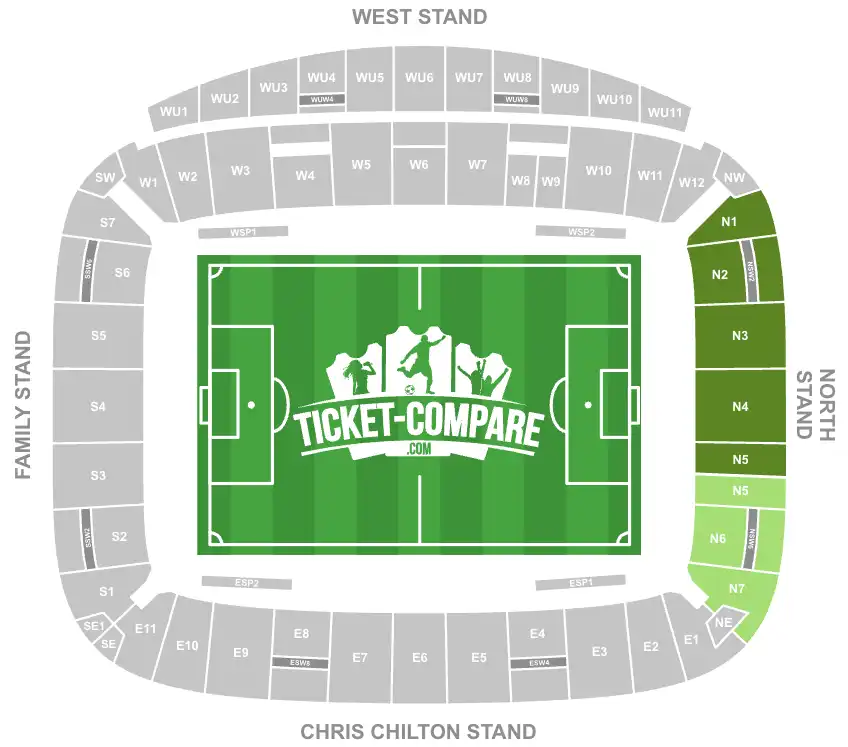 Screenshot of MKM Stadium Seating Plan with highlighted the North Stand