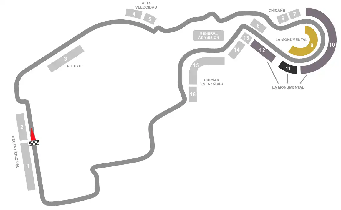 Screenshot of Madring Circuit Seating Plan with Grandstands 9, 10, 11 and 12 highlighted