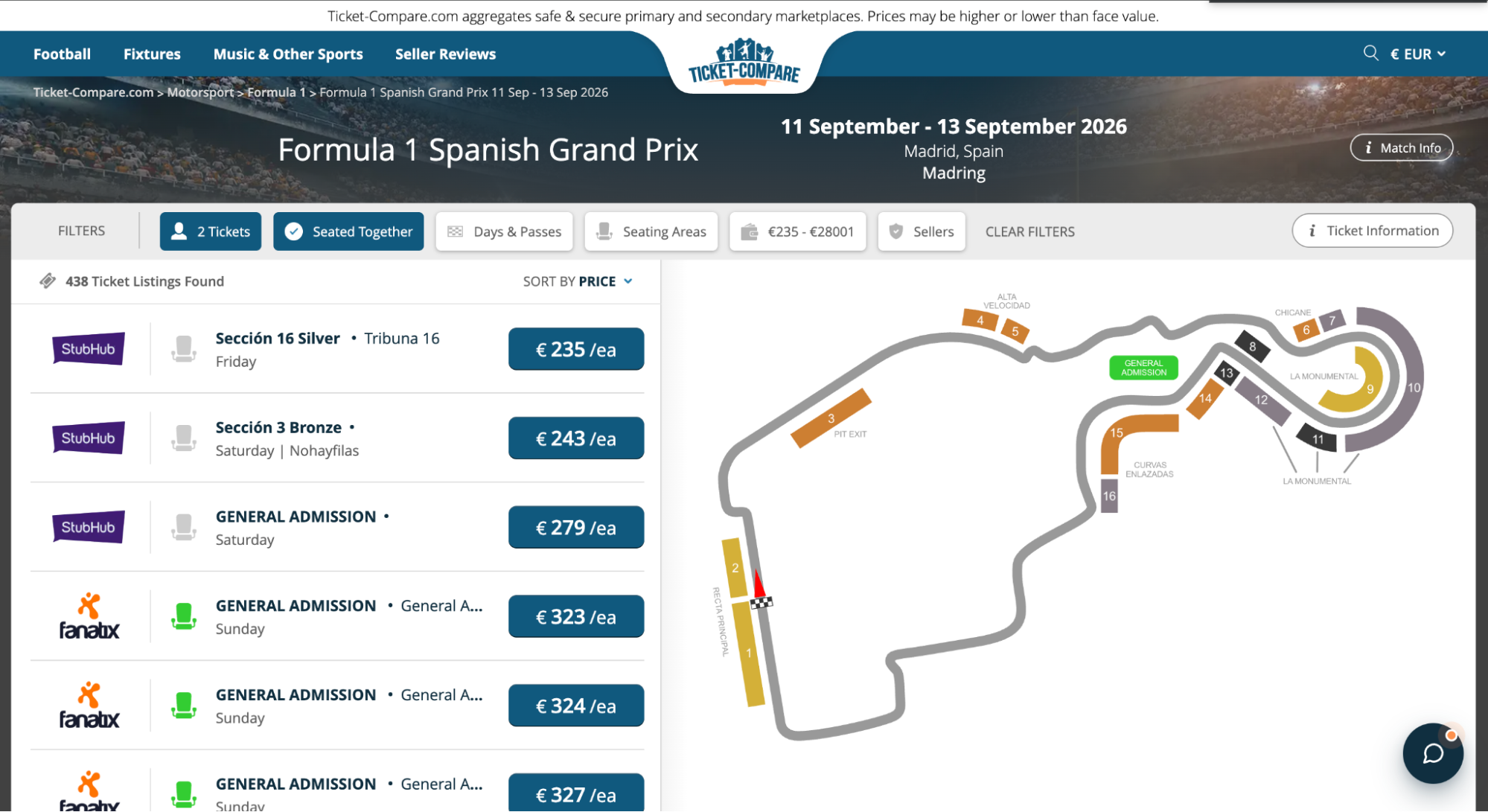 screenshot of Formula 1 Spanish Grand Prix tickets page on ticket-compare.com