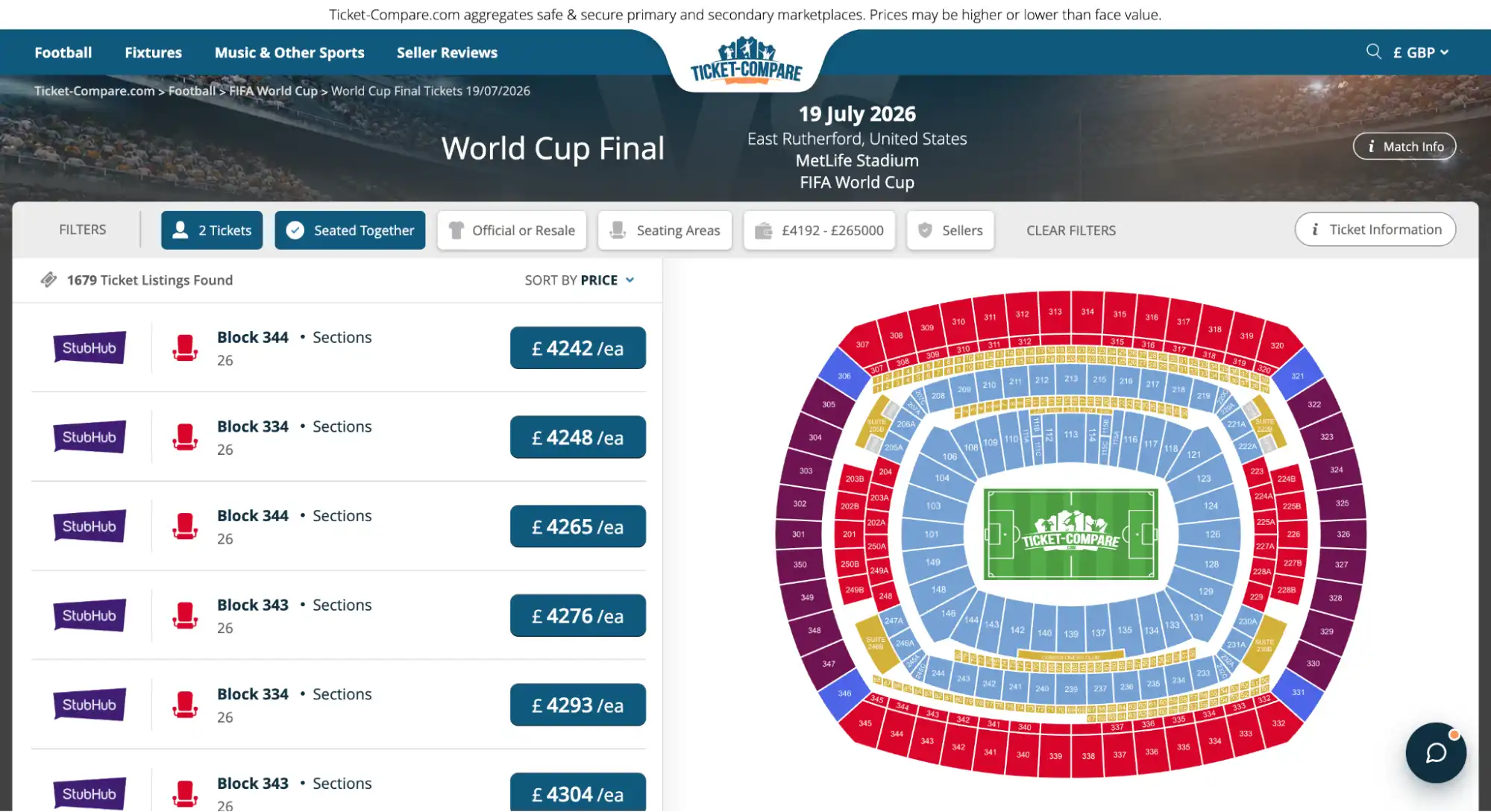 screenshot of World Cup Final tickets page on ticket-compare.com