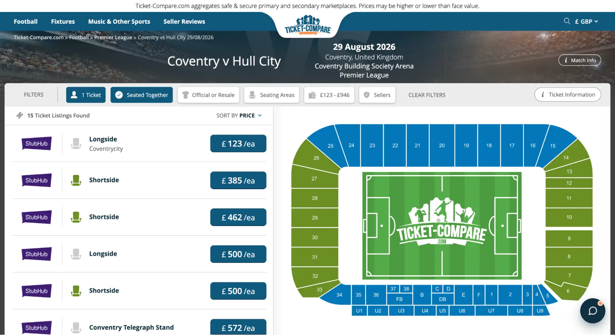 screenshot of Coventry vs Hull City match tickets page on ticket-compare.com