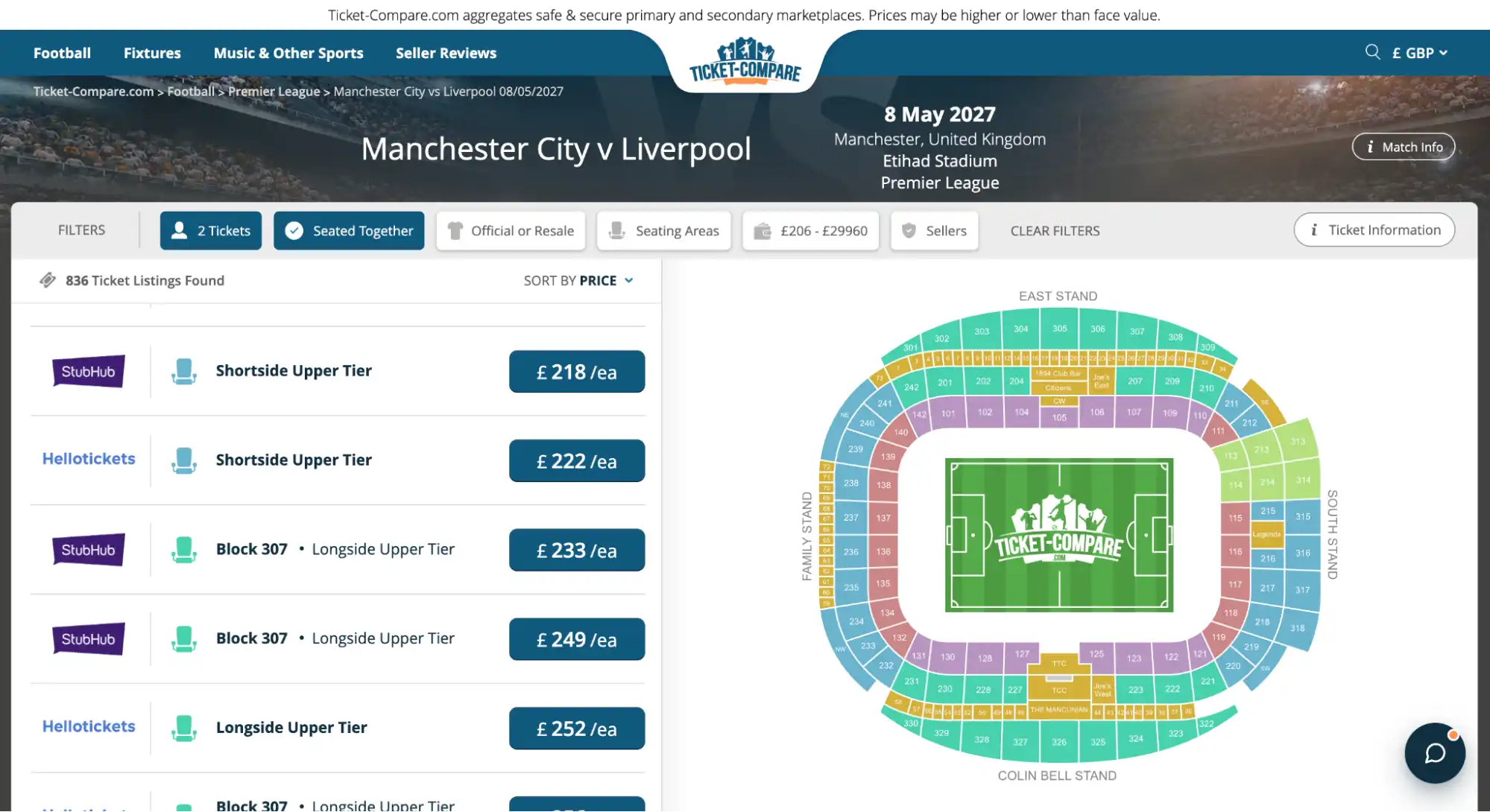 screenshot of Manchester City vs Liverpool tickets on Ticket-Compare.com