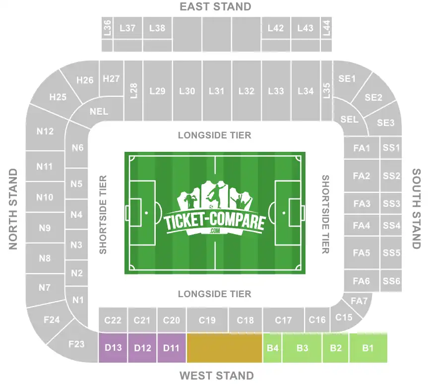 Screenshot of Elland Road Seating plan with B1-D13 blocks highlighted