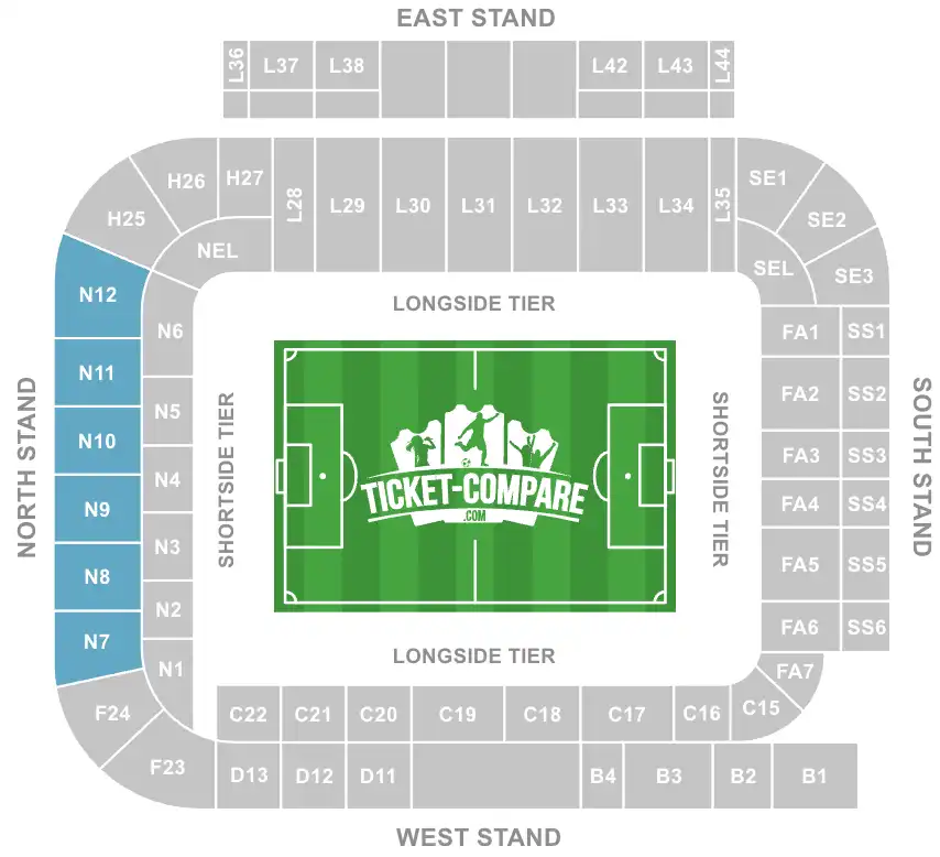 Screenshot of Elland Road Seating plan with N7-N12 blocks highlighted