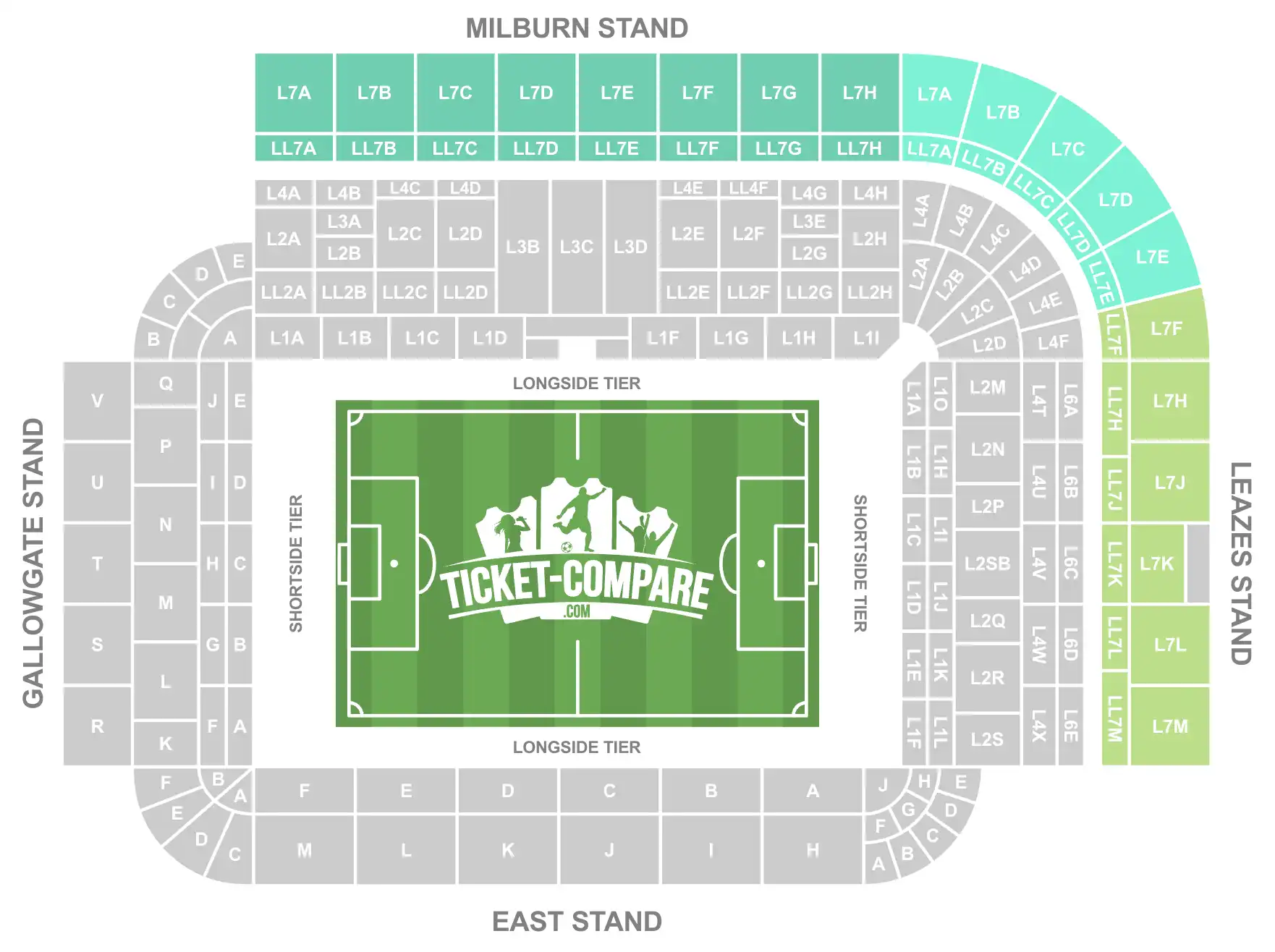 Screenshot of St James Park stadium seating plan with L7 and LL7 blocks highlighted