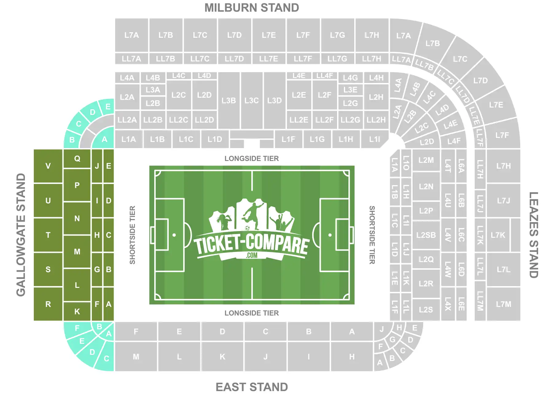 Screenshot of St James Park stadium seating plan with the Gallowgate Stand highlighted