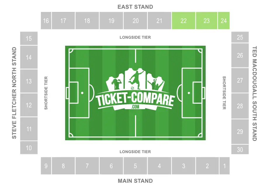 Screenshot of Vitality Stadium Seating Plan with 22,23 and 24 blocks Highlighted