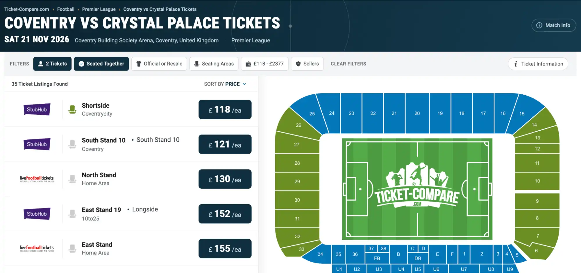 screenshot of Coventry vs Crystal Palace Tickets page