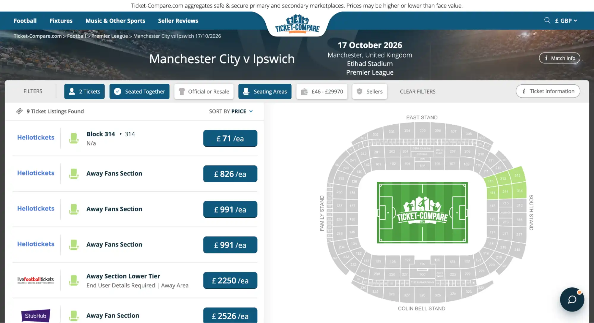 screenshot of Manchester City v Ipswich tickets page